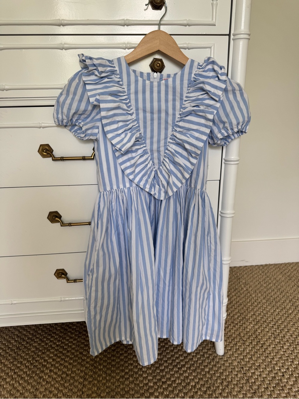 Girl’s Morley blue white stripe ruffle placket dress size 10